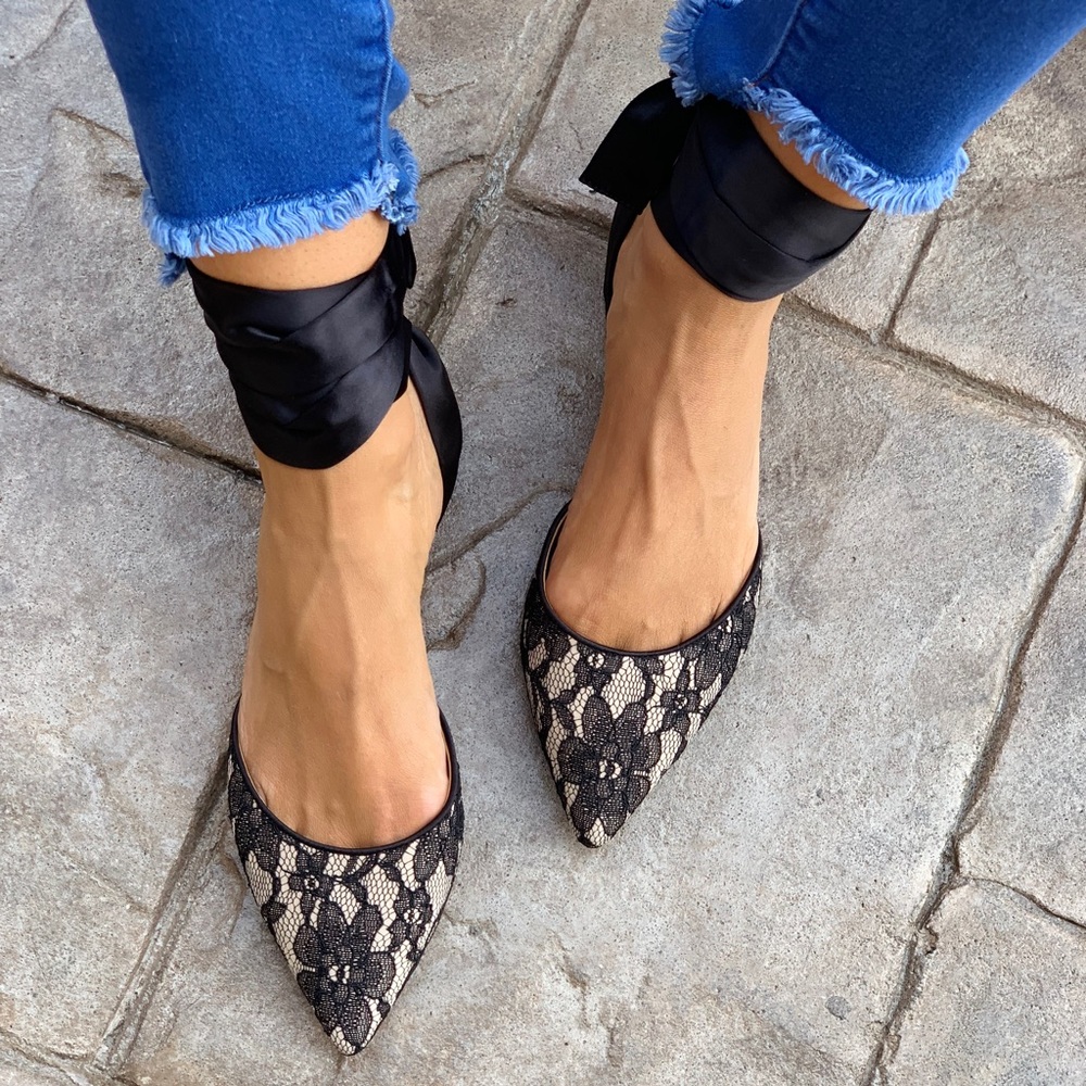 Satin Laces Ankle Wrap Pointed Toe Flats - Picture 2 of 6